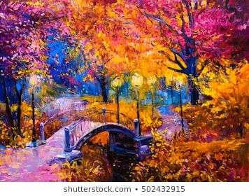 Oil Pastel Artwork, Bridge Painting, Modern Impressionism, Pastel Artwork, Park Landscape, Modern Pictures, Garden Painting, Autumn Painting, Creative Painting