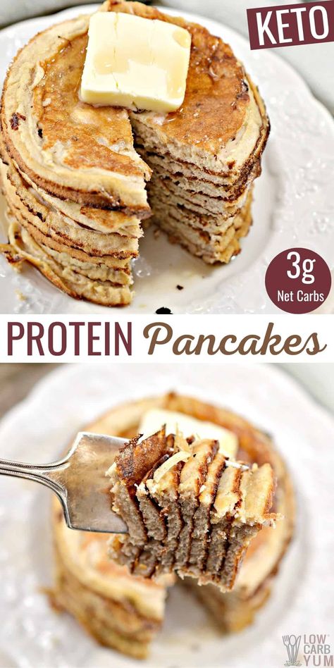 Make these low-carb protein pancakes for breakfast or as a keto-friendly snack. Made with eggs, protein powder, and whipping cream! Low Carb Protein Pancakes, Pancake Protein, Protein Pancakes Low Carb, Eggs Protein, Protein Pancakes Recipe, Protein Powder Pancakes, Yummy Pancake Recipe, High Protein Pancakes, Thm Breakfast