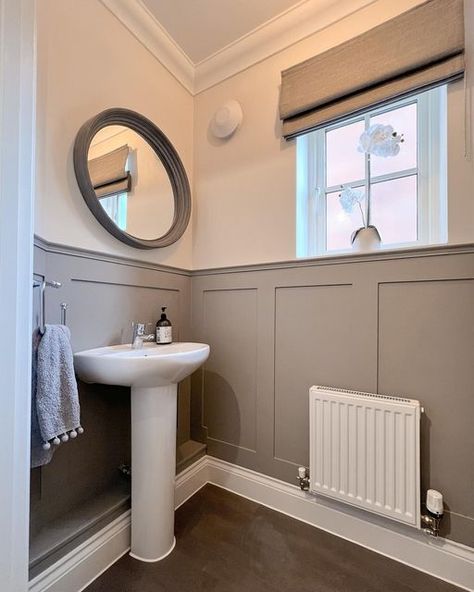 Simple Bathroom Panelling, Grey Panelling Bathroom, Small Toilet Wood Panelling, Downstairs Toilet With Window, Small Toilet Panelling, Panelled Downstairs Toilet, Panelling Toilet, Taupe Panelling, Panelled Toilet