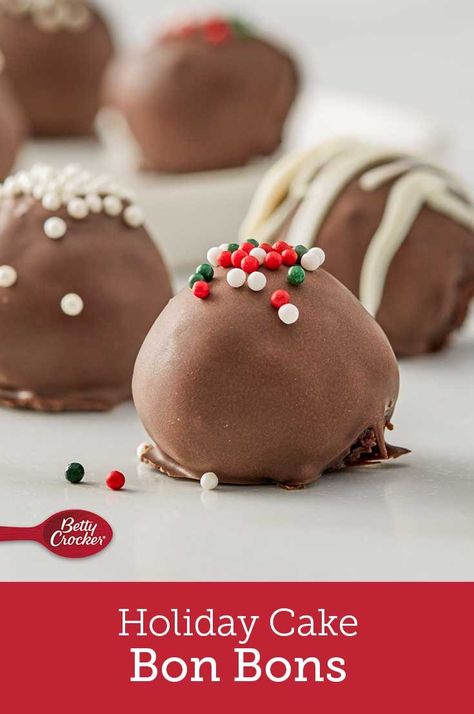 Bite-sized bliss! Cake ball bon bons are a snap to make using Betty Crocker™  cake mix and frosting and are an instant hit on any dessert tray. Bon Bons Recipe, Betty Crocker Cake Mix, German Chocolate Cake Mix, Cake Mix Ingredients, Tray Cake, Cake Ball, Betty Crocker Recipes, Spiced Drinks, Holiday Cake