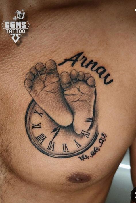 Tattoos For Your Childs Name, Tattoo Of Childs Name, Date Of Birth Tattoos Children, First Child Tattoos, Baby Feet Tattoo, Jacks Tattoo, Baby Hand Tattoo, Baby Tattoo For Dads, Newborn Tattoo