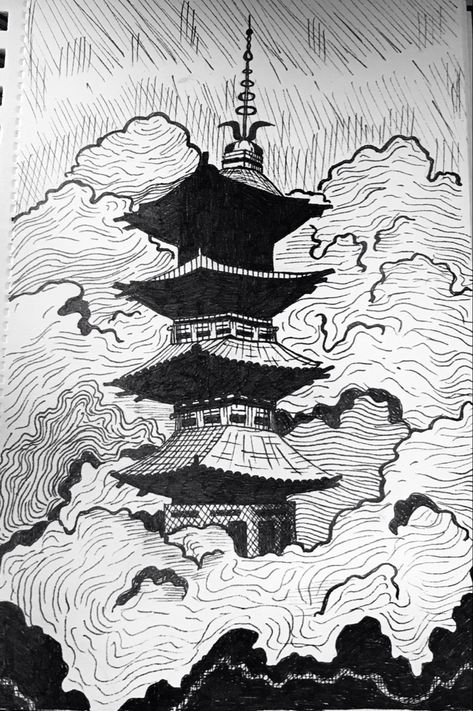 Japanese Background Drawing, Chinese Town Drawing, Japanese Shrine Drawing, Chinese Temple Drawing, Japanese Pagoda Drawing, Pagoda Sketch, Light House Drawing Sketches, Japanese Temple Drawing, Japanese Architecture Drawings