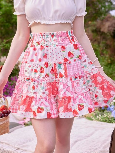 ROMWE Kawaii Strawberry Patchwork Frill Shirred Skirt | SHEIN USA Strawberry Outfit, Kawaii Strawberry, Shirred Skirt, Style Kawaii, Patchwork Skirt, Kawaii Fashion Outfits, Women Skirts, Zooey Deschanel, Kawaii Clothes