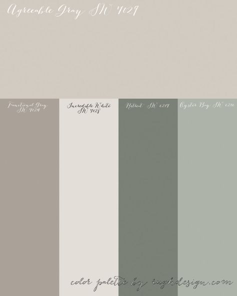 Grey Kitchen Palette, Colors That Compliment Grey, Agreeable Grey Color Scheme, Complementary Color Scheme, Agreeable Gray, House Color Palettes, Paint Color Schemes, House Color Schemes, Grey Color Scheme