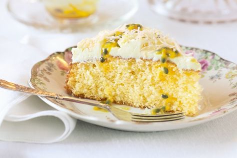 Passion fruit and coconut cake. Make sure your guests save space for this crumbly and moist cake, smothered in a smooth and tangy passionfruit icing. Coconut Butter Cake, Passionfruit Recipes, Coconut Cake Recipe, Banana Cake Recipe, Sugar Cubes, Coconut Butter, Summer Soiree, Coconut Cake, Moist Cakes