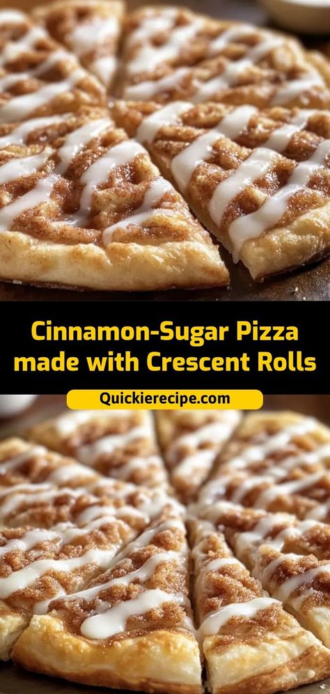 Sweet, flaky, and buttery, this Cinnamon-Sugar Pizza made with crescent rolls is a simple dessert that satisfies every sweet tooth. Perfect for a quick treat or a party dessert! Ingredients: 1 package crescent rolls 1/4 cup butter, melted 1/4 cup cinnamon-sugar mix 1/2 cup cream cheese frosting A quick, flaky dessert packed with cinnamon-sugar goodness Pizza Using Crescent Rolls, Pizza Crescent Roll Recipes, Cinnamon Sugar Pizza, Easy Dessert Pizza, Breakfast Pizza Crescent Roll, Using Crescent Rolls, Cream Cheese Pizza, Cinnamon Roll Desserts, Crescent Roll Recipes Dessert