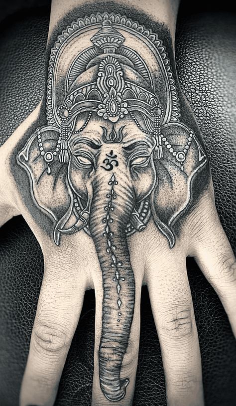 Ganesha Hand Tattoo, Elephant Hand Tattoo, Ganesha Tattoo Design, Tattoos 2023, Ganesha Tattoo, Sacred Geometry Tattoo, Geometry Tattoo, Hand Tattoos For Guys, Tattoo Design Ideas