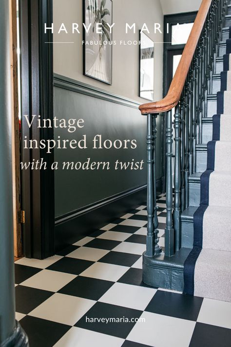 Bring a touch of vintage elegance with a modern twist to your hallway. This black and white checkerboard LVT flooring beautifully combines old-world charm with contemporary durability, making it perfect for creating a statement in any home. Low-maintenance and designed to last, this hallway flooring option is ideal for adding character and sophistication to your entryway. Go online for free samples 🖤 Entrance Flooring Ideas, Hallway Flooring Ideas, Victorian Hallway Tiles, Hallway Tiles, White Vinyl Flooring, Victorian Style Bathroom, Victorian Hallway, Flooring Designs, Checkerboard Floor