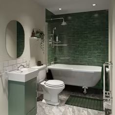 Shower bath suites | VictoriaPlum.com Bath And Shower Ideas, Edwardian Bathroom, Small Bathroom Tile Ideas, Freestanding Bath With Shower, Toilet And Basin Unit, British Bathroom, Small Bathroom Tiles, Green Vanity, Straight Baths