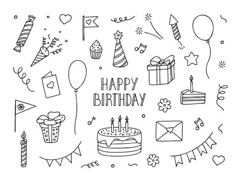 Birthday Decoration Drawing, Cute Birthday Doodles, Happy Birthday Doodle Art, Cute Doodle Art Happy Birthday, Happy Birthday Caligraphie Easy, Doodle Happy Birthday, Birthday Doodles, Birthday Doodle, Herb Lubalin