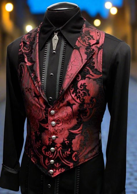 Shrine of Hollywood ARISTOCRAT VEST - BLACK/RED TAPESTRY aristocrat formal goth gothic Men's Vests red steampunk tapestry vampire vest victorian wedding Wedding Ideas Suits, Red Victorian Suit, Vampire Suit Men, Fancy Male Outfits, Victorian Goth Men, Black And Red Tux, Victorian Male Fashion, Wedding Black And Red, Red Suit Vest