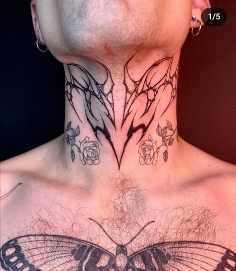 Neck Tattoo Cybersigil, Sigil Neck Tattoo, Patchwork Neck Tattoo, Cybersigilism Neck Tattoo, Gothic Neck Tattoo, Manly Tattoos, Tatts Ideas, Filler Tattoos, Front Neck Tattoo