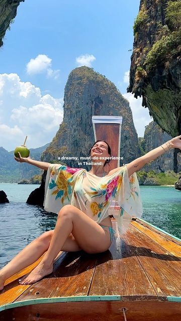 Mackenzie | travel girl 🌎 on Instagram: "island hopping around Krabi on a private luxury longtail boat with @railayecotour 🌴🌺 add it to your Thailand bucket list!⁣ ⁣ explored some sights like Chicken Island and the stalagmites & rock formations around Railay, snorkeled with colorful fish 🐠, had a lovely picnic of yummy Thai food (complete with Thai tea of course) on Poda Island 😍⁣ ⁣ a dreamy experience as a solo traveler but would of course be beautiful shared with friends and family, and so romantic for couples!! ⁣ ⁣ ⁣ #railayecotour #krabithailand #thailandtravel #railaybeach" Thailand Longtail Boat, Thailand Bucket List, Longtail Boat, Tasty Thai, Railay Beach, Like Chicken, Krabi Thailand, Thai Tea, Travel Girl