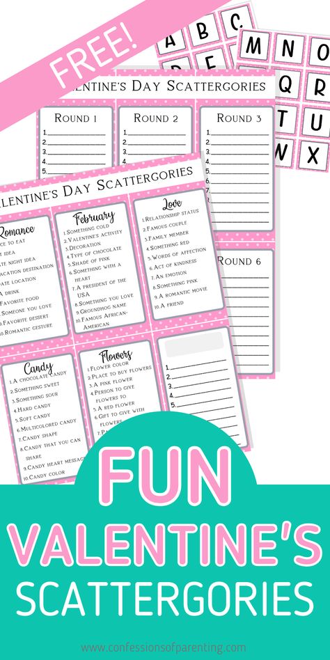 Valentines Day Scattergories, Valentines Scattergories Free Printable, Valentines Day Pictionary For Kids, Galentines Party Games Free, Valentines Day Games For Adults Free Printable, Free Valentines Day Printable, Pictionary For Kids, Valentines Games For Couples, Sunday School Valentines