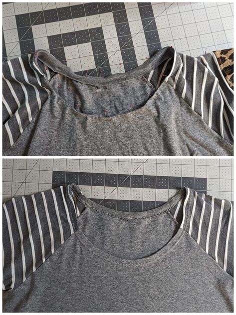 How To Fix Stretched Out Neckline, Fix Stretched Out Tshirt Neck, Shirt Alterations, Clothing Repair, Raglan Tshirt, Loose Tshirt, Helpful Hacks, Sewing Clothing, Diy Clothes And Shoes