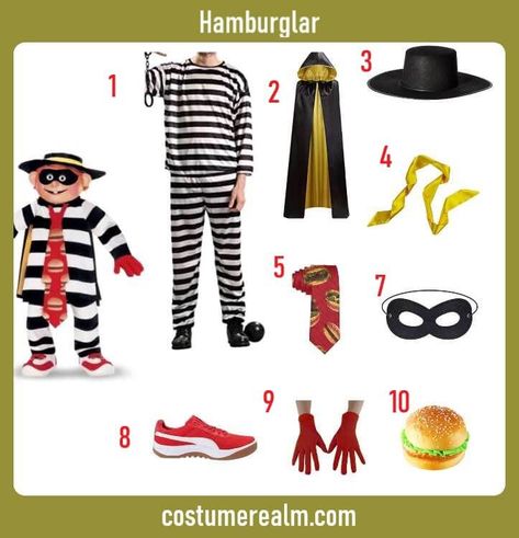 How To Dress Like Hamburglar Costume Guide For Halloween Hamburglar Costume, Outfits Guide, Prisoner Costume, Costume Guide, Black Top Hat, Black Halloween Dress, Fancy Dress Outfits, Red Gloves, Hooded Cloak