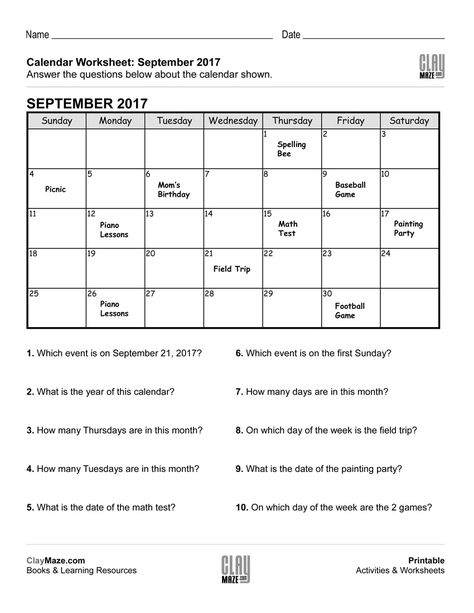 This worksheet features a calendar with events posted on different dates. Following that are questions about the calendar, dates, weekdays and events listed… Business Math, Kindergarten Calendar, Calendar Skills, Preschool Calendar, Calendar Worksheets, Calendar Math, Sped Classroom, Kindergarten Worksheets Printable, Emotional Skills