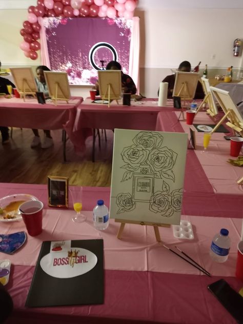 Paint and Sip Pink Sip And Paint Party, Valentine’s Day Sip And Paint Ideas, Galentines Sip And Paint, Paint And Sip Decor, Paint And Sip Party Ideas For Adults, Galentines Paint And Sip Ideas, Sip And Paint Decorating Ideas, Galentines Paint, Paint And Sip Ideas Parties Decorations