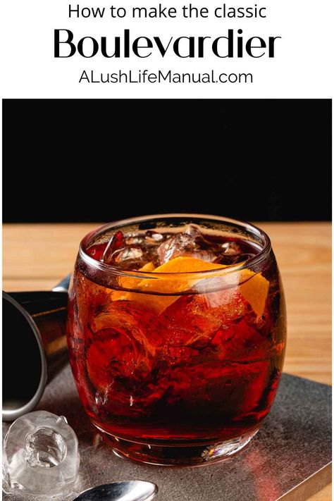 The Boulevardier cocktail takes a Negroni and replaces the gin with bourbon. With only three ingredients, it couldn't be easier. A perfect aperitif! #bourbon #cocktail #recipe #campari #vermouth Cocktail With Bourbon, Boulvedier Cocktail, Boulevardier Cocktail Recipe, Smoked Negroni Cocktail, Amaro Nonino Cocktails, Boulevardier Cocktail, Amaro Montenegro Cocktail, Campari Cocktails, Vermouth Cocktail