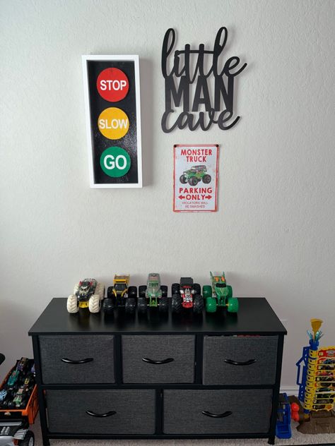 Car Theme Bedroom Boys, Racecar Bedroom Toddler, Monster Truck Bedroom Ideas Boy Rooms, Boys Monster Truck Bedroom, Monster Truck Kids Room, Monster Jam Room Ideas, Race Car Nursery Theme, Race Car Room Boys, Car Room Ideas For Boys