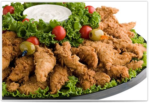 Chicken finger tray Ham Salad Sandwich, Deli Platters, Chicken Finger, Ranch Dipping Sauce, Bridal Shower Menu, Sandwich Trays, Party Snack Food, Ham Salad, Chicken Fingers