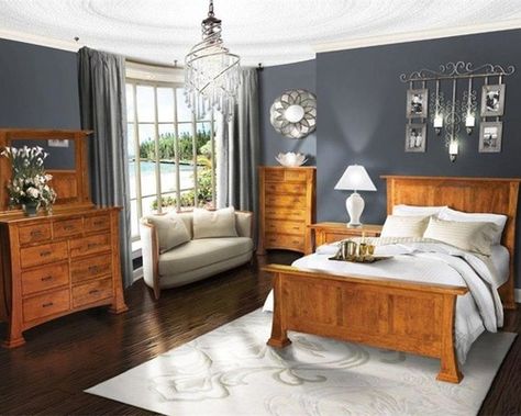 Bedroom - Update dated Honey / Golden Oak furniture with a more modern design palette Pine Bedroom, Dark Bedroom Furniture, Grey Bedroom Furniture, Oak Bedroom Furniture, Bedroom Furniture Makeover, Bedroom Updates, Wood Bedroom Furniture, Oak Bedroom, Bedroom Wall Colors