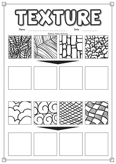 Drawing Texture Worksheet Texture Worksheet, Drawing Basics Learning, Texture Practice, Elements Of Art Texture, Education Drawing, Drawing Texture, Drawing Basics, Perimeter Worksheets, Ink Texture