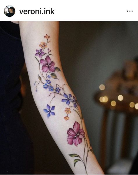 Flower Forearm Tattoo Color, Wild Flower Tattoo Sleeve Forearm, Wild Flower Back Tattoo, Large Flower Tattoos For Women, Watercolor Wildflower Tattoo, Vintage Floral Tattoos Forearm, Flower Tattoos Sleeve Colorful, Tattoo Wild Flowers, Flower Vine Tattoos For Women