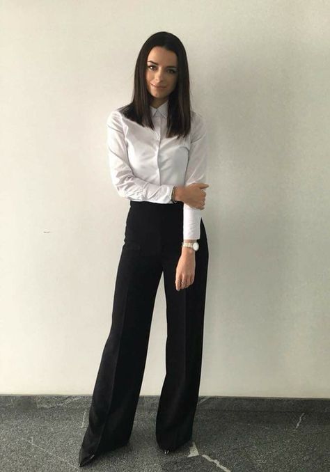 Dress Pants Formal Outfits, Black Trouser White Shirt, Blouse And Slacks Women, White Formal Shirt Outfit Women, White Shirt And Black Trousers For Women, White Button Up With Black Pants, White Shirt Black Trousers Outfit Women, Black Pants White Button Up, White Button Up And Black Pants