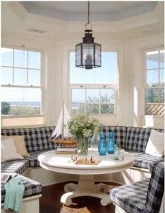 This seating arrangement will be in my dream home! {This is one of my fav blogs.} Round Banquette, Extend Kitchen, Dining Banquette, Kitchen Banquette, Blue Shutters, Dream Beach Houses, Tropical Home Decor, Window Seats, Breakfast Nooks