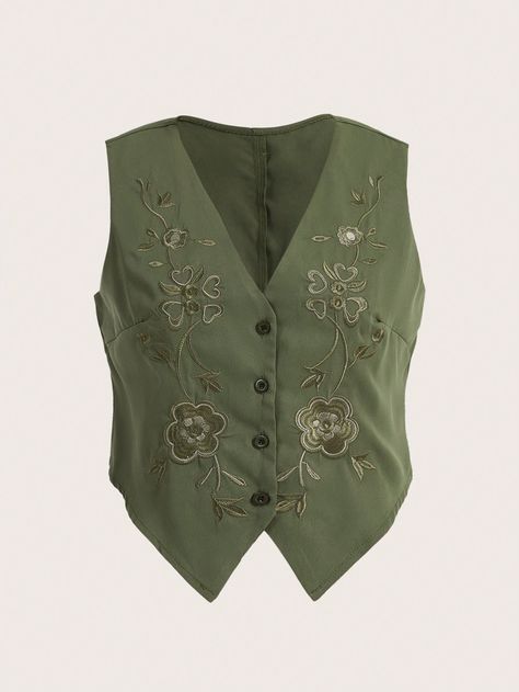 Green Casual Collar Sleeveless Fabric Floral,Butterfly vest Embellished Slight Stretch  Women Clothing Corset Waistcoat, 1940s Outfits, Floral Vest, Embroidered Vest, Green Vest, Special Clothes, Vintage Vest, Floral Butterfly, Fabric Floral