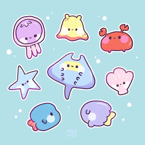 Do you like ocean creatures? #oceancreatures #cutefish #marinelife #fishart #jellyfishart #starfish #crabbycrab #tinycrab #merfolk #meowmeows #fishdrawing Cute Starfish Drawing, Sea Stickers, Cute Sea Animals, Chibi Animals, Cute Starfish, Oc Fanart, Ocean Friends, Jellyfish Art, Ornament Design