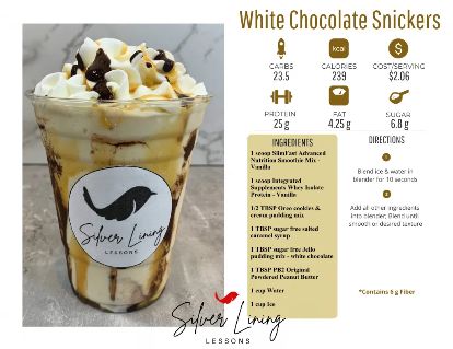 White Chocolate Snickers Shake Herbalife, Herbalife Snickers Shake Recipes, Silver Lining Shake Recipes, Snickers Protein Shake, Loaded Shakes, Lotus Drinks, Silver Lining Lessons, Herbalife Flavors, Snickers Protein