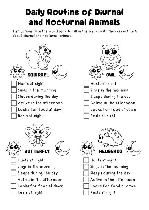 Diurnal and Nocturnal Animal Activities (Free Printable) Nocturnal And Diurnal Animal Activities, Nocturnal Animals Activities, Diurnal Animals, Animal Worksheets, Printable Animals, Nocturnal Animals, Word Bank, Animal Activities, Daily Routine