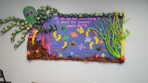 Bible Class bulletin board Glow Classroom, Catholic Schools Week Bulletin Board, Easter Church Bulletin Boards, Fish Bulletin Boards, Sea Bulletin Board, Jesus Bulletin Boards, Ocean Bulletin Board, Religious Bulletin Boards, Kids Bulletin Boards