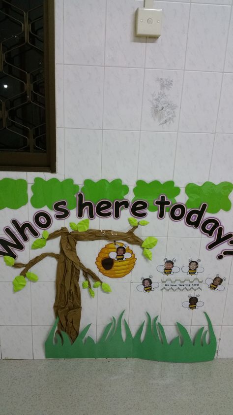 Attendance board - who's here today? #beestreehive Whose Here Today Chart, Who’s Here Today Board, Who Is Here Today Classroom, Who Is Here Today Preschool Chart, Attendance Chart Preschool Ideas, Attendance Bulletin Board Ideas, Attendance Board Ideas, Attendance Board, Attendance Chart