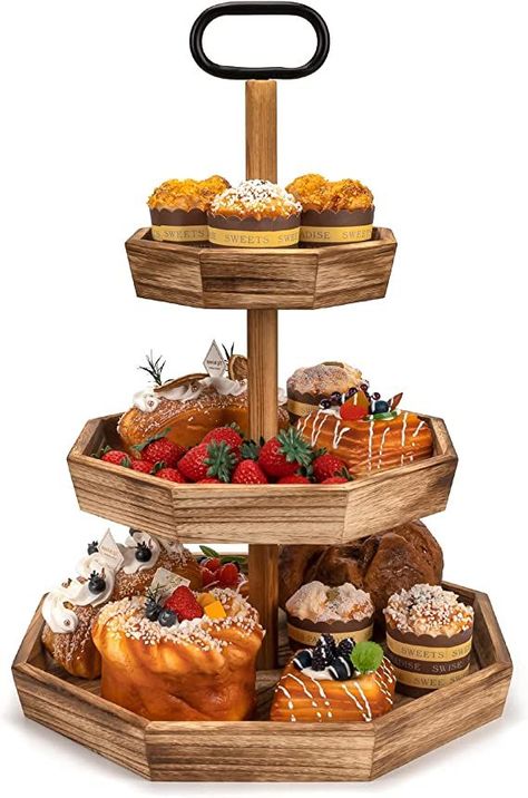 Emfogo Tiered Tray, 3 Tier Wooden Serving Tray for Cupcake Cake Fruit Dessert Stand, Farmhouse Decorative Tray for Party Wedding Home Decor(Rustic Brown) 3 Tier Serving Tray, Tiered Dessert Stand, Tiered Tray Stand, Cupcake Tiers Stand, Cake Fruit, Wooden Serving Tray, Coffee Tray, Kitchen Tray, Wedding Home Decor