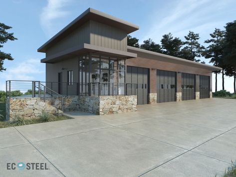 Custom Autobarn Collection - EcoSteel - Iconic Steel Building Systems - Commercial Construction California High Performance Steel Buildings - California Luxury Residential - Fire Resistant - Fast Construction - Title 24 - Energy Efficient - Commercial Construction Commercial Steel Buildings, Tall Doors, Commercial Building Plans, Steel Building Homes, Warehouse Conversion, Garage Bedroom, Business Place, Warehouse Design, Rv Storage