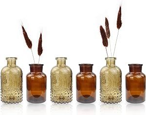 Rinlong 6Pcs Amber Glass Vase Small Bud Vases Brown Textured Rustic Decorative Glass Bottles for Flowers Vase Mini Wedding Centerpiece Vases Decor Brown Decorations Party, Boho Centerpieces Wedding, Rustic Wedding Cake Stand Wood, Simple Fall Centerpieces, Desert Wedding Decor, Decorative Glass Bottles, Small Bud Vases, Amber Vase, Centerpiece Vases