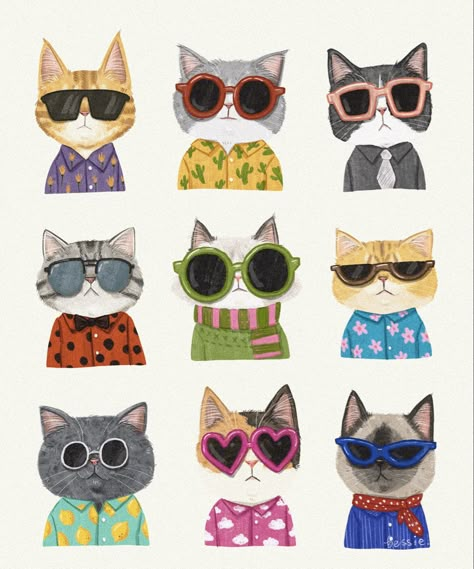 cats, illustration, cats in sunglasses Cat Faces Drawings, Cat Person Art, Dog And Cat Drawing, Cat With Glasses Drawing, Cat Fashion Illustration, Animal Glasses Illustration, Cat Looking Up Illustration, Summer Cat Illustration, Cat With Glasses Illustration