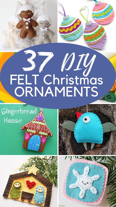 DIY felt ornaments for Christmas, felt snowflake ornament, felt bird ornament, felt gingerbread house ornament, felt gingerbread men ornaments Felt Ornament Patterns, Diy Felt Ornaments, Easy Diy Christmas Tree, Christmas Tree Ornaments To Make, Diy Felt Christmas, Christmas Crafts Sewing, Making Felt, Felt Ornaments Diy, Advent Crafts