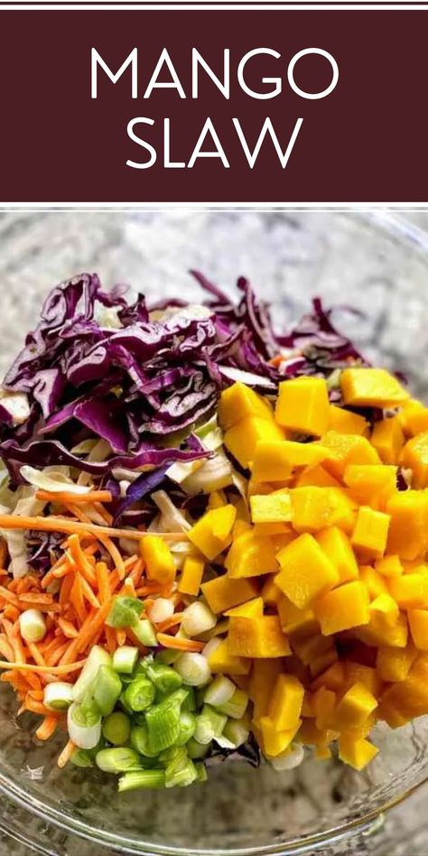 Jamaican Salad Recipes, Caribbean Slaw Recipe, Vegan Mango Recipes For Dinner, Jamaican Slaw, Mango Coleslaw Recipes, Caribbean Slaw, Jamaican Salad, Coconut Slaw, Mango Salads