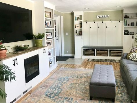 Tv Console With Fireplace, Tv Media Console, Fireplace Console, Mudroom Makeover, Tv Area, Basement Living, Basement Living Rooms, Mudroom Design, Custom Built Ins