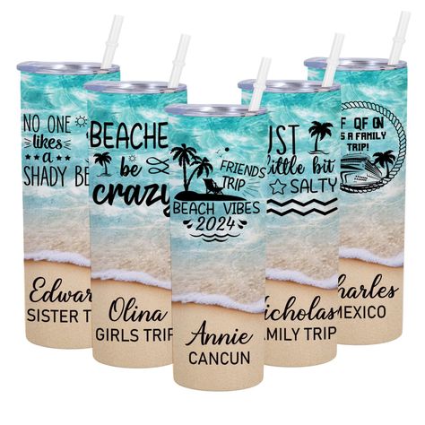 PRICES MAY VARY. PERSONALIZED BEACH TUMBLER GIFTS: Personalized vacation skinny tumblers are an excellent choice for anyone looking to give a unique and unforgettable gift. You just need to click"Customize Now" button and input your name or text. We can create the unique tumbler gifts for you, whether for yourself or someone special.Customized travel tumbler cups can add meaningful text as a unique gift for your family on Birthday, Christmas, Anniversary, Travel or holiday. BEACH GIFTS FOR WOMEN 40th Birthday Cups Personalized, Vacation Gifts For Friends, Vacation Tumbler Ideas, Vacation Tumbler, Custom Travel Mugs, Wedding Tumblers, Cruise Trip, Custom Coffee Cups, Bachelorette Party Planning