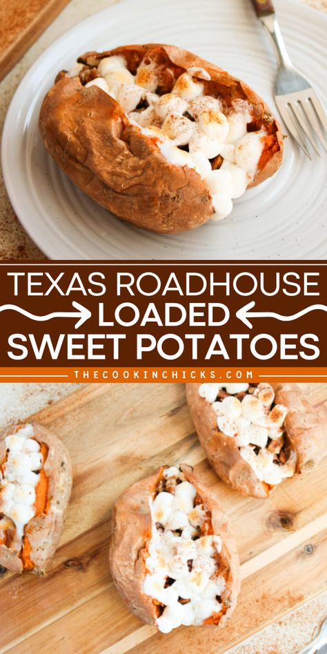 These Stuffed Sweet Potatoes are loaded with a cinnamon spiced marshmallow filling that everyone will enjoy! Perfect for a Holiday side dish or to serve year round! Texas Roadhouse Loaded Sweet Potato, Loaded Sweet Potatoes Recipes, Texas Roadhouse Sweet Potato Recipe, Loaded Sweet Potato Recipes, Dinner Ideas For A Crowd, Cheap Easy Dinner Ideas, Loaded Sweet Potatoes, Loaded Baked Sweet Potato, Copycat Texas Roadhouse