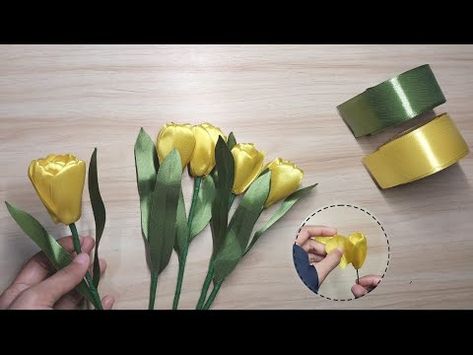 HOW TO MAKE EASY SATIN RIBBON TULIP FLOWERS | Cara Membuat Bunga Tulip dari Pita Satin|сделать цветы - YouTube Things To Make With Ribbon, Ribbon Tulips, Flower Making With Ribbon, Ribbon Flowers Bouquet, Sulaman Pita, Ribbon Flowers Diy, Silk Ribbon Embroidery Patterns, Ribbon Flower Tutorial, Diy Lace Ribbon Flowers