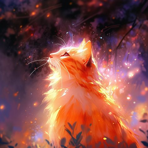 Tabby cat staring at top left corner of frame, illuminated it bright light. Fire Animals, Elemental Cats, Fire Animals Art, Fire Heart Warrior Cats, Warrior Cats Fireheart, Fire Cat Fantasy Art, Jumping Cat, Mystical Animals, Fire Art