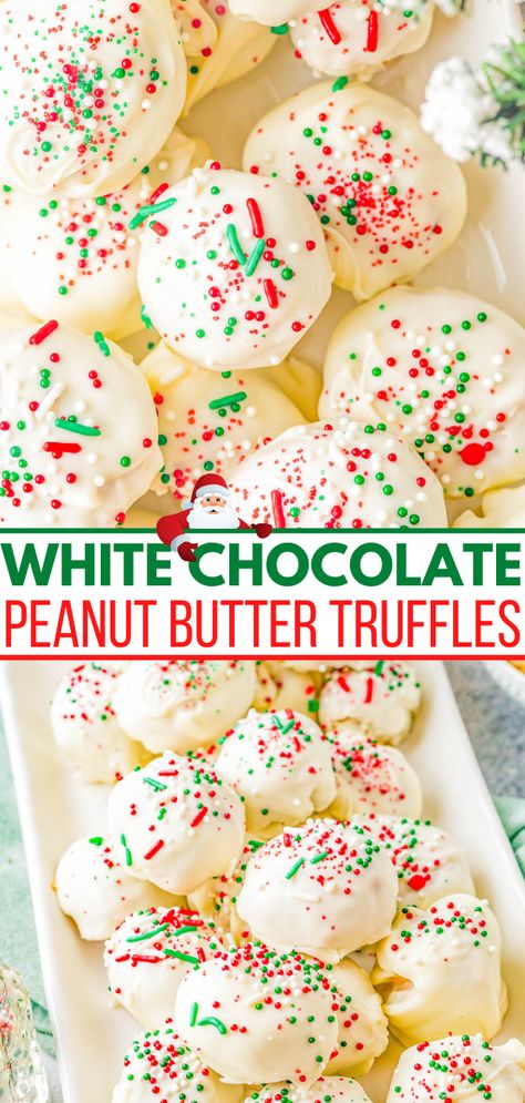 White Chocolate Peanut Butter Truffles - Averie Cooks Peanut Butter Balls White Chocolate, White Chocolate Ideas, White Chocolate Peanut Butter, Peanut Butter Truffles, Xmas Desserts, Averie Cooks, Truffle Butter, Dessert Gifts, Holiday Dessert Recipes