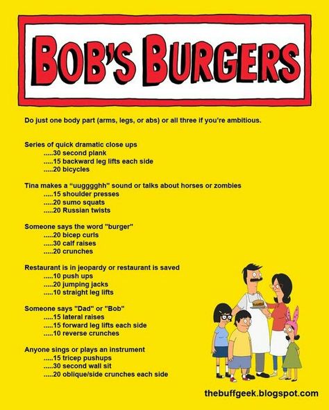 Bob's Burgers Workout Show Workouts, Tv Show Workouts, Tv Workout, Movie Workouts, Tv Workouts, Bobs Burger, Bob's Burgers, Bob S, Workout Games