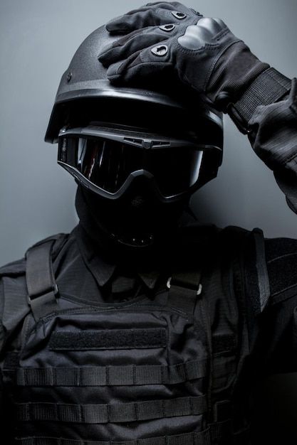 Premium Photo | Special Forces in black uniform mask and body armor SWAT Safety goggles for tactical helmet Black Uniform Aesthetic, Rats Video, Uniform Aesthetic, Masked Girl, Bulletproof Vest, Black Uniform, Biker Photography, Military Soldier, Tactical Helmet